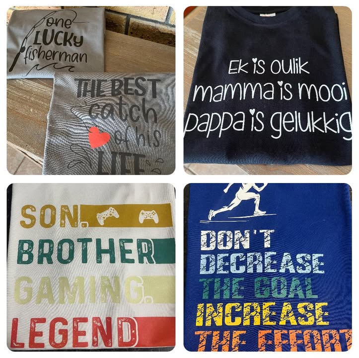 T-hemde 
Mousepads 
Koppies en tumblers
Katoen drasak
Coasters
Waterbottels
Sleutelhouers
Wynbottel stickers
Hessian wynsakke
Grimering sakke
Stickers vanaf A5 grootte tot in meters
Voorskote en oondhandskoene
En nog vele meer….
Kontak my by 0829978046 vir ‘n kwotasie 🌸